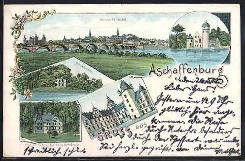 Lithographie Aschaffenburg, Jagdschloss Rohrbrunn, Schönbusch, Panorama