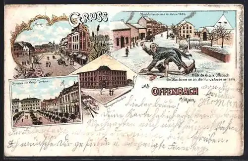 Lithographie Offenbach / Main, Aliceplatz mit Kriegerdenkmal, Kunstgewerbeschule, Frankfurter Strasse im Jahre 1836