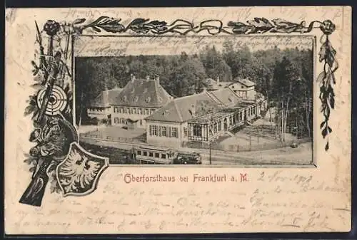 AK Frankfurt-Niederrad, Blick auf das Oberforsthaus mit Wappen