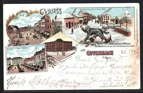 Lithographie Offenbach / Main, Aliceplatz mit Kriegerdenkmal, Kunstgewerbeschule, Frankfurter Strasse im Jahre 1836