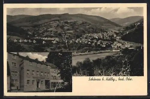 AK Schönau b. Hdlbg., Gasthaus zur Traube und Blick auf den Ort, Inh. Val. Bordne