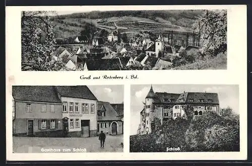 AK Rotenberg i. Bd., Gasthaus zum Schloss, Bes. Karl Geiss, Schloss und Blick auf den Ort