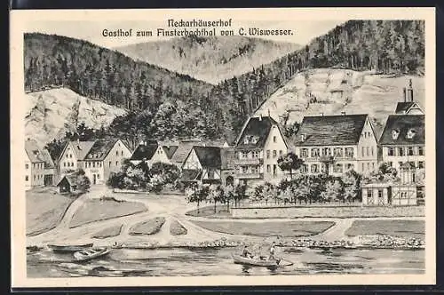 Künstler-AK Neckarhäuserhof, Ruderboot vor Gasthof zum Finsterbachthal
