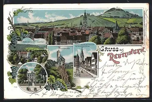 Lithographie Reutlingen, Obere Wilhelmstrasse mit Marienkirche, Pomologisches Institut, Frauen-Arbeitsschule
