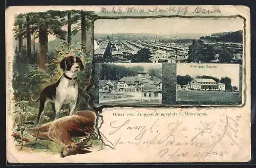 Passepartout-Lithographie Münsingen, Truppenübungsplatz, Offiziers-Casino, Jagdhund und erlegter Rehbock
