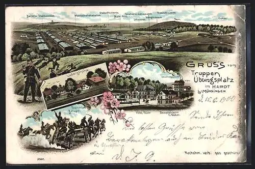 Lithographie Münsingen, Truppenübungsplatz im Hardt, Hôtel Fez & Dampfbäckerei G. Müller mit Verwaltungsgebäude & Wache