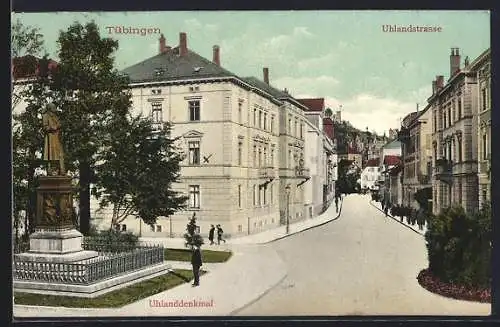 AK Tübingen, Uhlandstrasse mit Denkmal