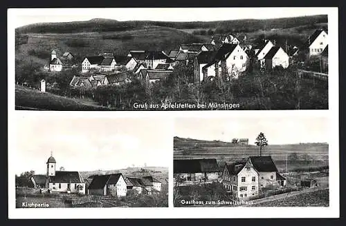 AK Apfelstetten bei Münsingen, Gasthaus zum Schweizerhaus und Kirchpartie