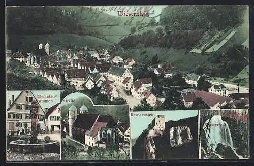 AK Wiesensteig, Reussenstein, Kirche und Elefantenbrunnen