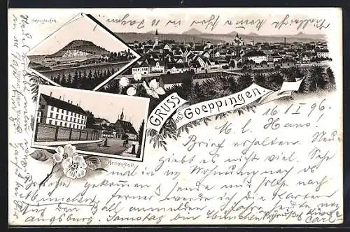 Lithographie Goeppingen, Heilanstalt und Hohenstaufen