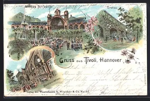 Lithographie Hannover, Gasthaus Tivoli mit Grotten und grosser Terrasse