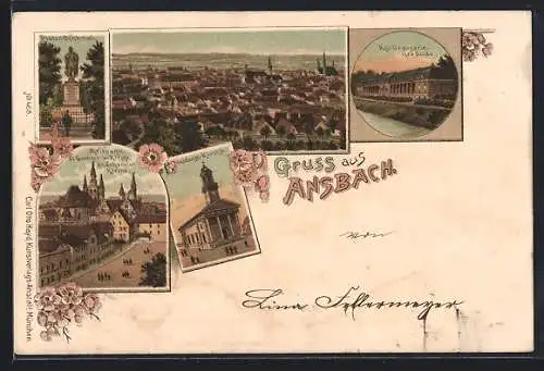 Lithographie Ansbach, Kgl. Orangeriegebäude, Ludwigs-Kirche, Platen-denkmal