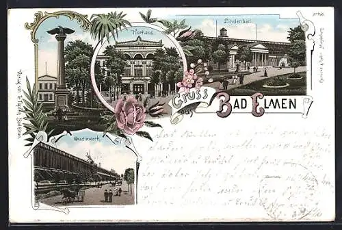 Lithographie Bad Elmen, Kurhaus, Gradierwerk, Lindenbad