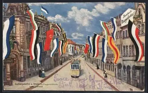 Künstler-AK Ludwigshafen a. Rhein, Ludwigstrasse im Flaggenschmuck mit Strassenbahn