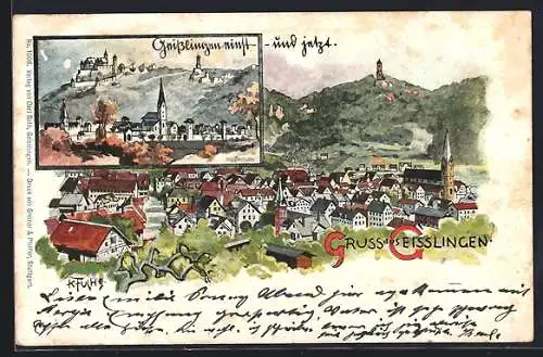 Künstler-AK Geisslingen / Klettgau, 2 Ansichten, Geisslingen einst & jetzt (um 1900)
