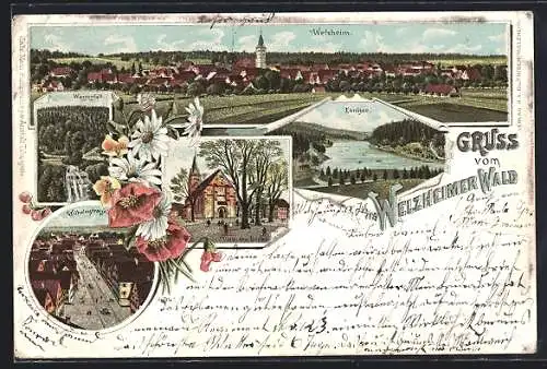 Lithographie Welzheim, Ortsansicht, Wasserfall, Wilhelmstrasse, Unter den Linden