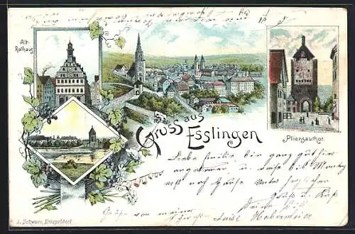 Lithographie Esslingen / Neckar, Ortsansicht, Pliensauthor, Alt-Rathaus