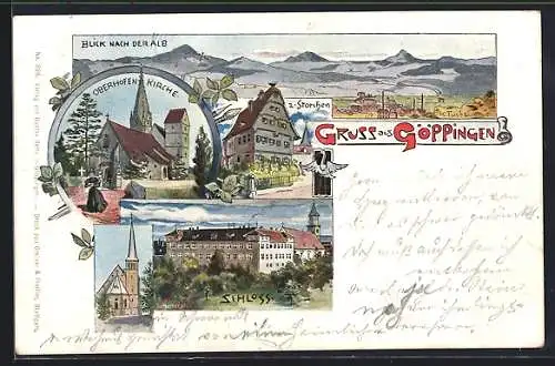 Lithographie Göppingen, Panorama, Oberhofen Kirche, Gasthaus z. Storchen & Schloss