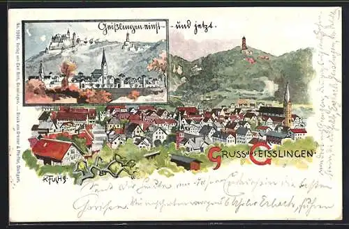 Lithographie Geisslingen / Klettgau, Gesamtansicht von Einst und Jetzt