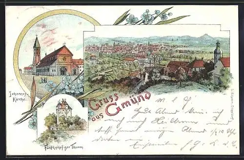 Lithographie Gmünd, Johannes-Kirche, Fünfköpfiger Turm, Ortspanorama