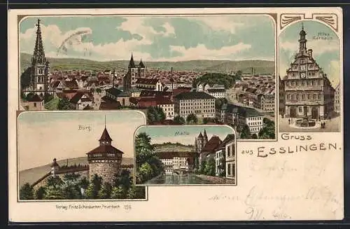 Lithographie Esslingen / Neckar, Burg, Altes Rathaus, Maille, Panorama