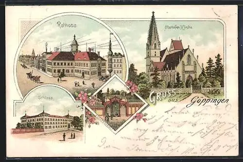 Lithographie Göppingen, Rathaus, Sauerbrunnen, Oberhofen-Kirche