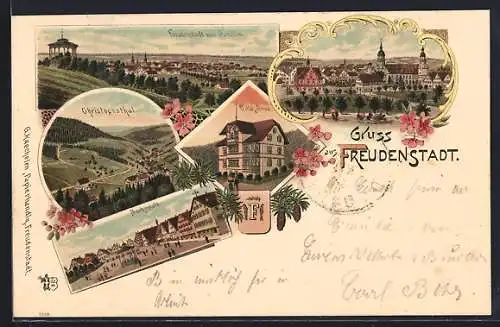 Lithographie Freudenstadt, Christophsthal, Marktplatz, Villa Anna