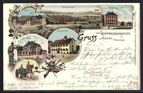 Lithographie Hardt bei Münsingen, Truppenübungsplatz, Ludwigs Höhe, Barackenlager, Casino