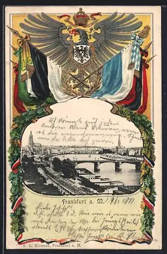 AK Frankfurt, Sängerfest, Blick über den Main, Adler mit Wappen, Flaggen