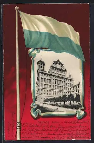 AK Augsburg, Ostfront des Rathauses und Flagge