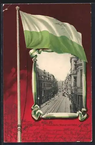 AK Leipzig, Grimmaische Strasse von Osten mit Strassenbahn und Flagge