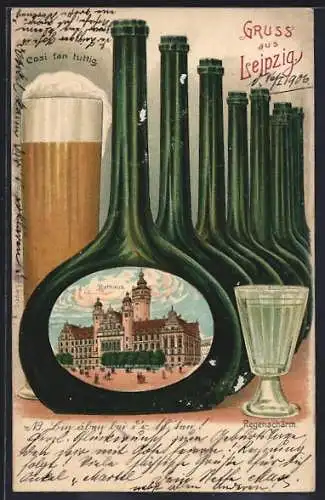 Passepartout-Lithographie Leipzig, Cosi fan tuttig, Rathaus in einer Gose, Regenschärm