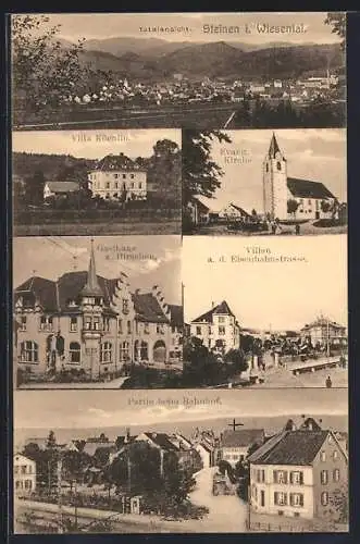 AK Steinen / Wiesental, Villa Köchin, Gasthaus zum Hirschen, Partie am Bahnhof, Eisenbahnstrasse
