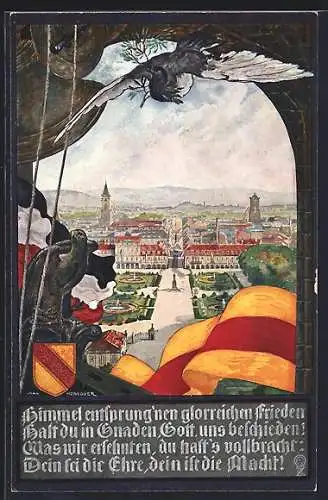 Künstler-AK sign. Max Honegger: Karlsruhe, Gesamtansicht m. Adler, Taube und Spruch