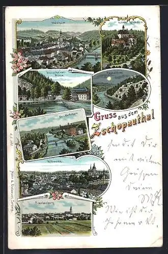 Lithographie Waldheim / Zschopauthal, Ortsansicht, Schloss Kriebstein, Raubschloss