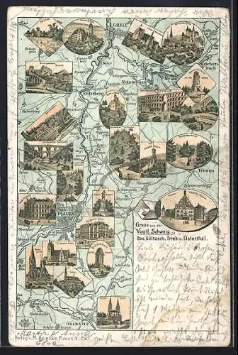 Lithographie Plauen / Vogtland, Ansichten aus der Umgebung angeordnet auf einer Landkarte