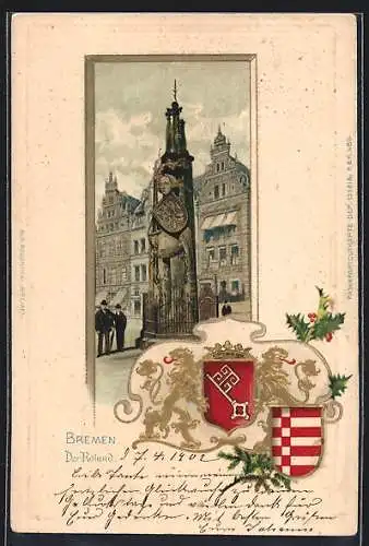 Passepartout-Lithographie Bremen, Der Roland mit Wappen, Die besten Glückwünsche zum neuen Jahre