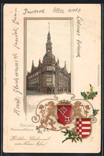 Passepartout-Lithographie Bremen, Blick auf die Baumwollbörse, Wappen
