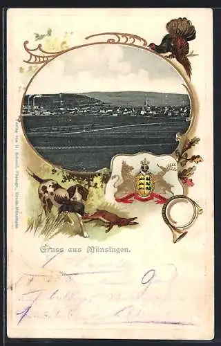 Passepartout-Lithographie Münsingen, Ortsansicht aus der Vogelschau, Wappen