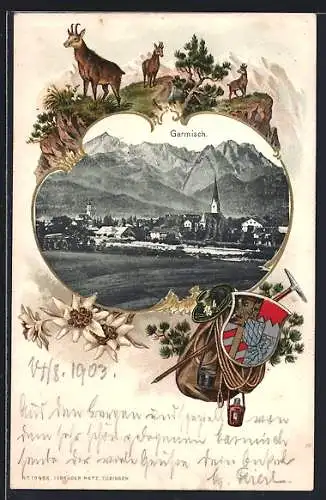 Passepartout-Lithographie Garmisch, Blick auf den Ort mit Wappen, Wanderrucksack und Ziegen