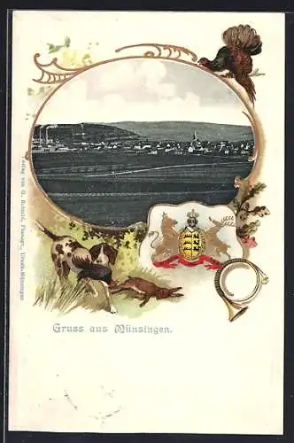 Passepartout-Lithographie Münsingen, Gesamtansicht, Jagdhund und Wappen