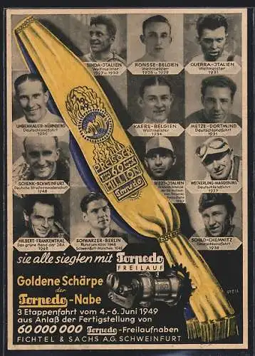 AK Reklame für Torpedo-Naben, Portraits von Radsportlern