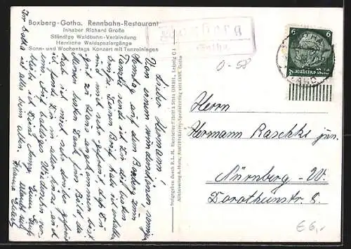 AK Gotha, Rennbahn-Restaurant Boxberg aus der Vogelschau