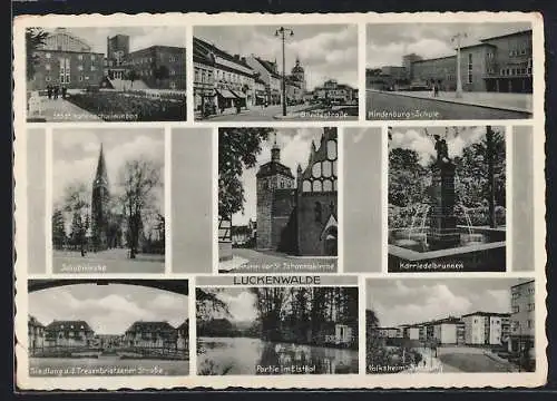 AK Luckenwalde, Breitestrasse, Hindenburg-Schule, Glockenturm der St. Johanniskirche