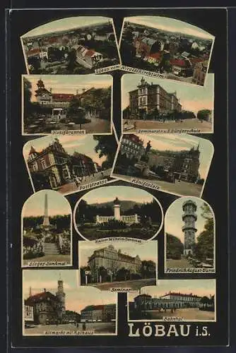 AK Löbau i. S., Bahnhof, Blick vom Nicolaikirchturm, Honigbrunnen, Seminarstrasse und Poststrasse
