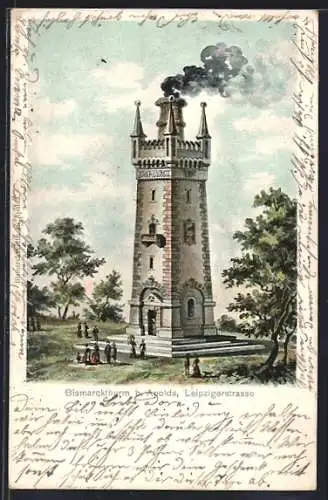 Lithographie Apolda, Bismarckturm an der Leipzigerstrasse
