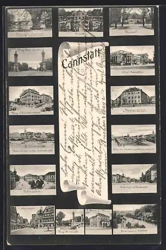 AK Cannstatt, Ortsansichten, Bergeninsel und Eisenbahnbrücke, Kursaal, König-Karlo-Brücke u.a.