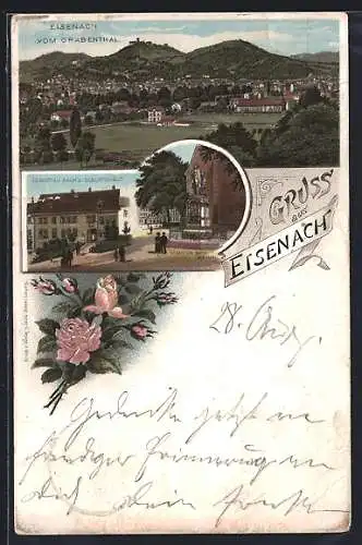 Lithographie Eisenach, Ortsansicht vom Grabenthal, Sebastian Bach's Geburtshaus & Denkmal