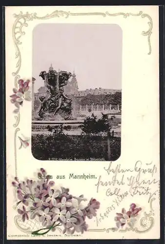 AK Mannheim, Brunnen im Schlosshof, Passepartout mit Blumen