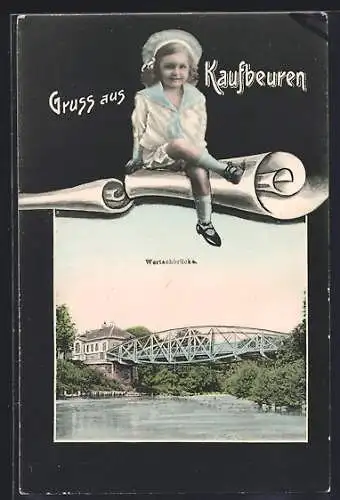 AK Kaufbeuren, Wertachbrücke mit Flusspartie, Passepartout mit kleinem Mädchen